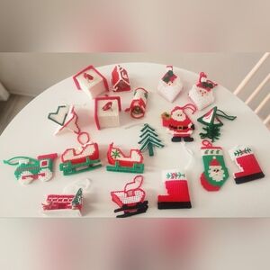 Lot Of 18 Handmade Vintage Christmas Ornaments Cross Stitch Plastic Canvas